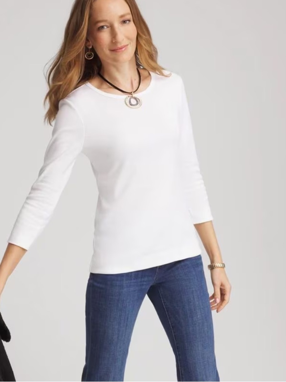Women's White 3/4 Sleeve Crewneck Long Sleeve Top